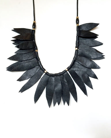 Black Leather Leaf Collar  with horn beads